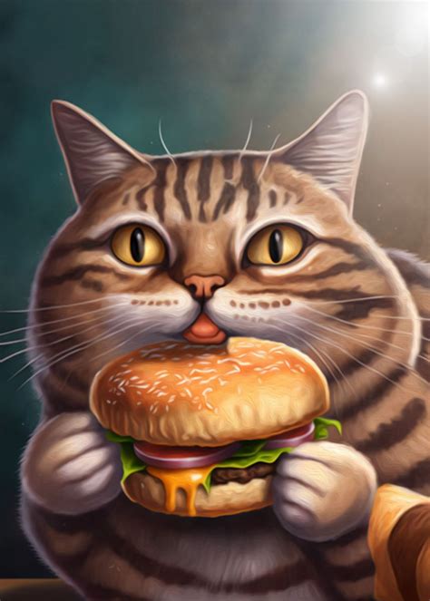 Funny Cat Eating Burger Poster Picture Metal Print Paint By Super
