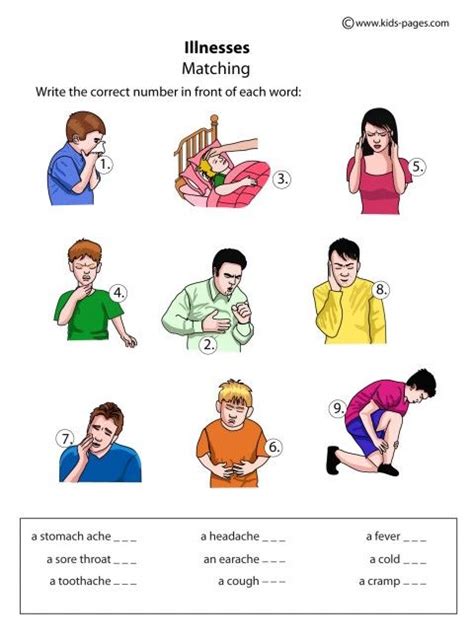 This page looks at titles for healthcare personnel and words for diseases, medical tests, and treatments. Illnesses Matching worksheet | Learning english for kids ...