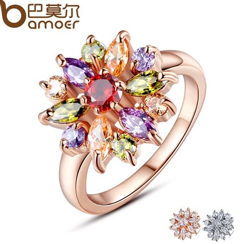 bamoer 3 colors rose gold color finger ring for women with aaa multicolor cubic zircon wedding