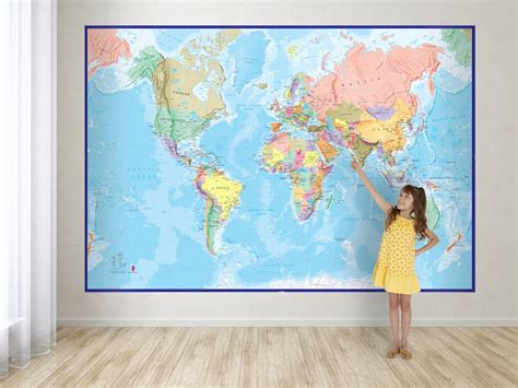 Giant World Map Mural Blue Ocean Wall Decal Map Etsy World Map