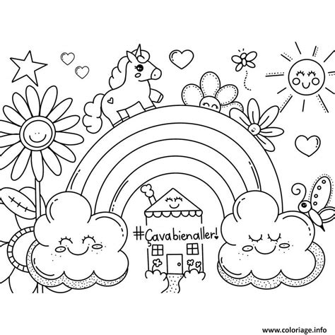 Coloriage ca va bien aller arc en ciel licorne nuages fleurs soleil