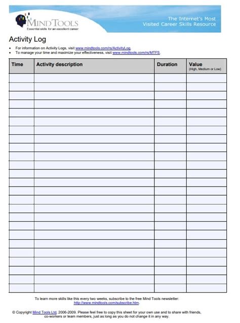 Quantity of work is a possible measure. Activity Log Templates | 17+ Free Printable Word, Excel ...