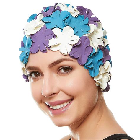 Beemo Floral Petal Swim Cap For Women Retro Style Vintage Bathing Cap Swimming Hat For Long