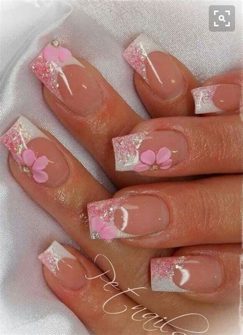 French Glitter Pink Flower Flower Nails Acrylic Nail Designs French
