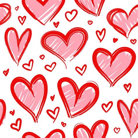 Sketch Heart Seamless Pattern Hand Drawn Red Hearts Love Romantic Sy