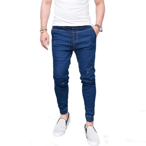 2018 New Style Mens Solid Black And Blue Jeans Mens Fashionable Tight Elastic Pencil Jeans