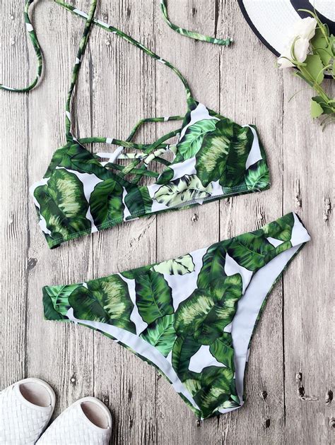 22 OFF 2021 Padded Leaf Print Strappy Bikini In GREEN ZAFUL