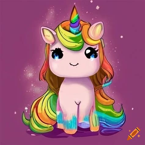 Chibi Style Fluffy Unicorn With Golden Horn And Rainbow Mane