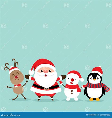 Holiday Christmas Greeting Card With Santa Claus Reindeer Snowman And Penguin Cartoon Vector