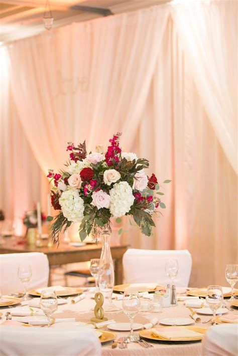 Tall Red Rose And White Hydrangea Reception Centerpiece