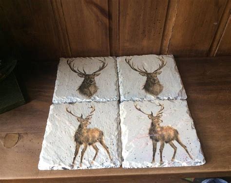 Handmade Set Of For Square Slate Coasters Decoupaged With Stags Home