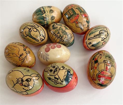 Hand Painted Wooden Eggs Lot Of 10 Vintage Handmade Bright Colorful
