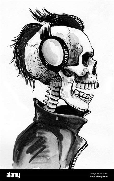 Cool Skeleton In Leather Jacket And Headphones Ink Black And White