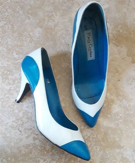 1980s White And Blue Pumps 80s Colorblock High Heel Leather Etsy