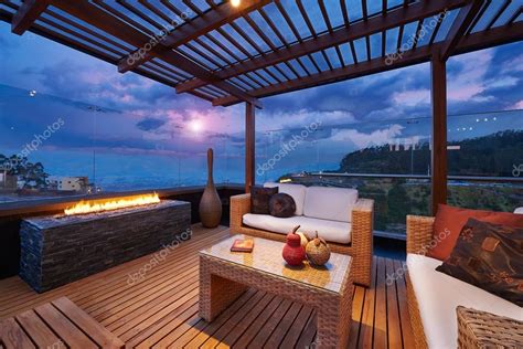 Interior Design Beautiful Modern Terrace Lounge With Pergola At Stock