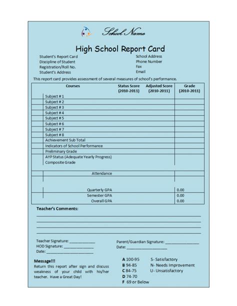 High School Student Report Card Template