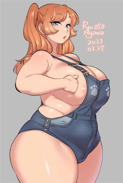 Agawa Ryou Original 1girl Blue Eyes Breasts Huge Breasts Orange Hair Overall Shorts