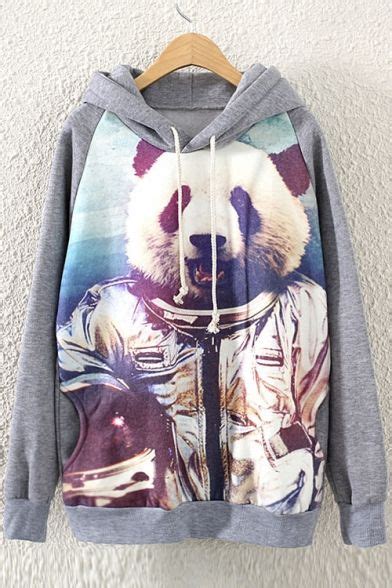 Womens Panda Print Grey Long Sleeve Fleece Sweatshirt Pullover Hoodie