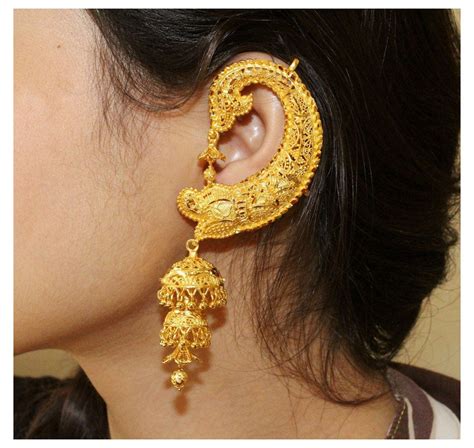 393 Gold Plated Jhumka Earrings With Ear Cuff Triple Jhumka Earri In 2020 Gold Jewelry