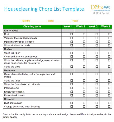 House Cleaning Chore List Template Weekly Dotxes