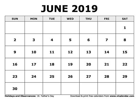June 2019 Calendar Printable Templates