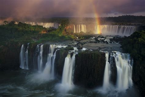 Iguazu Falls Waterfall River Rainbows Forest Clouds