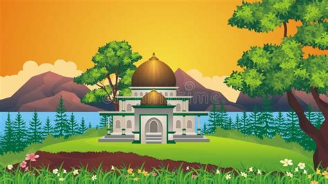 Cartoon Muslim Mosque With Beautiful Landscape Stock Vector