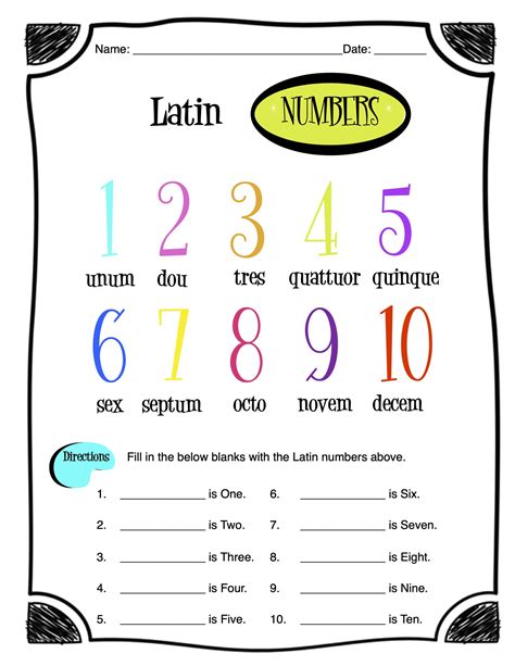 Latin Numbers Worksheet