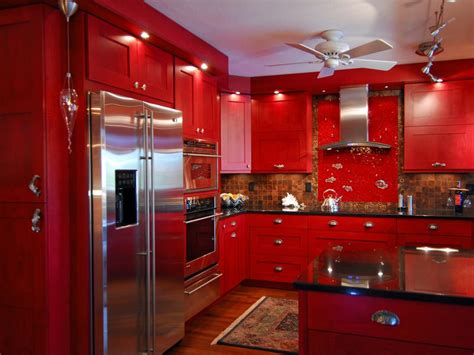 The previous owner had painted the cabinets deep red and decopaged fruit fabric in the center. Red Kitchen Paint: Pictures, Ideas & Tips From HGTV | HGTV