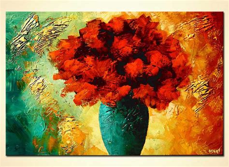 Abstract oil paintings a bouquet of gerbera flowers in vase. Painting for sale - textured painting vase with red ...