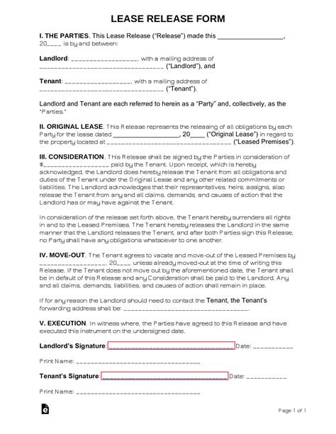 Free Lease Agreement Release Form Sample Pdf Word Eforms