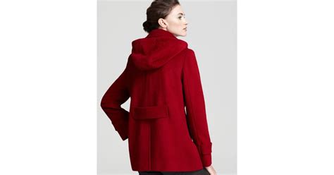 Calvin Klein Double Breasted Pea Coat With Hood In Mid Red Purple Lyst