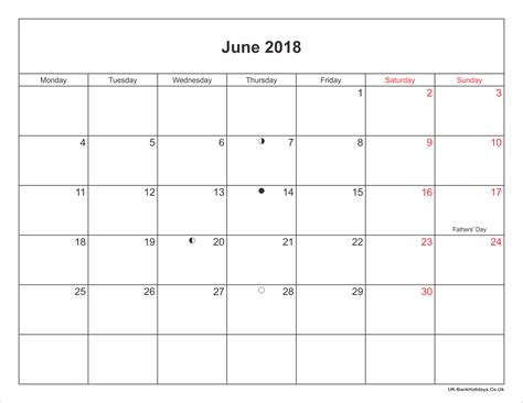 June 2018 Calendar Printable With Bank Holidays Uk