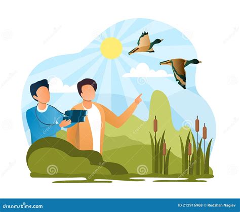 Two Male Characters Watching The Birds With Binoculars Stock Vector