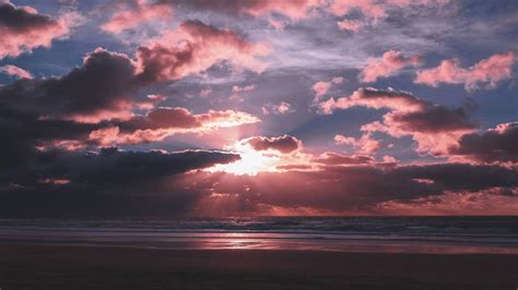 Wallpaper Pink Sunset Sea Sunlight Clouds