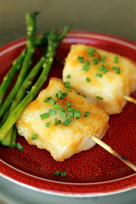 Satay Of Miso Glazed Chilean Sea Bass Grilled Asparagus Recipe Chilean Sea Bass Grilled