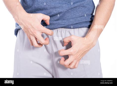 Man Hands Scratching His Crotch Isolated White Background Medical