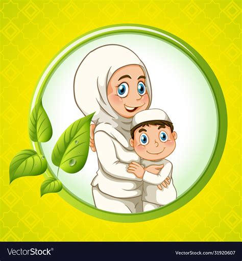Arab Muslim Mom And Son In Traditional Clothing Vector Image