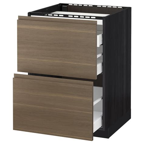 METOD/MAXIMERA Base cab f hob/2 fronts/3 drawers Black/voxtorp walnut 60 x 60 cm - IKEA