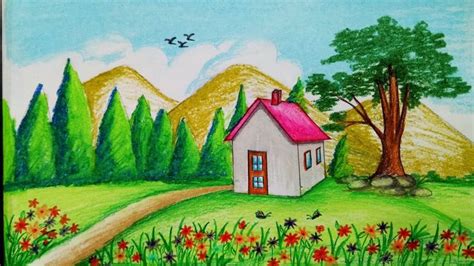 In spring, nature comes back to life. How to draw Spring season scenery with oil pastel.Step by ...