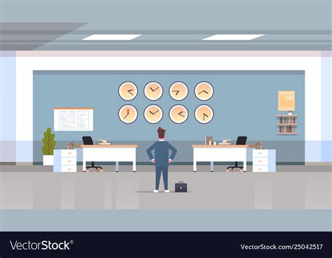 Businessman Looking On Wall With Clocks Of Vector Image