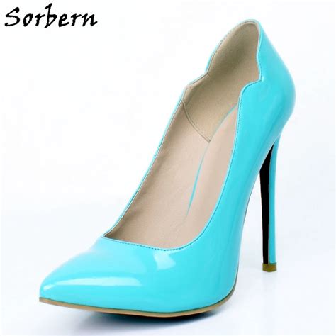 Sorbern Sky Blue Patent Leather Women Pumps Stilettos Heeled Slip On High Heels For Party Women