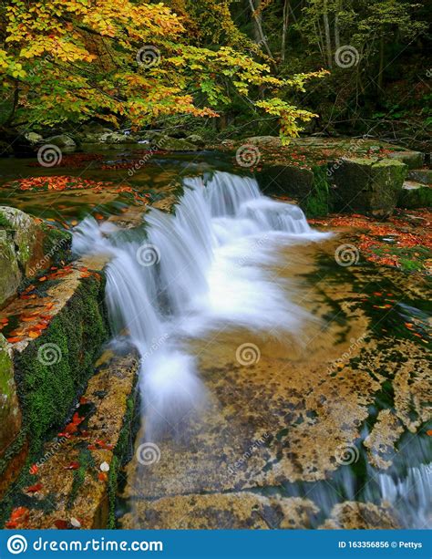 Waterfalls Cascade In Autumn Forest Beautiful Colors Of Nature Stock