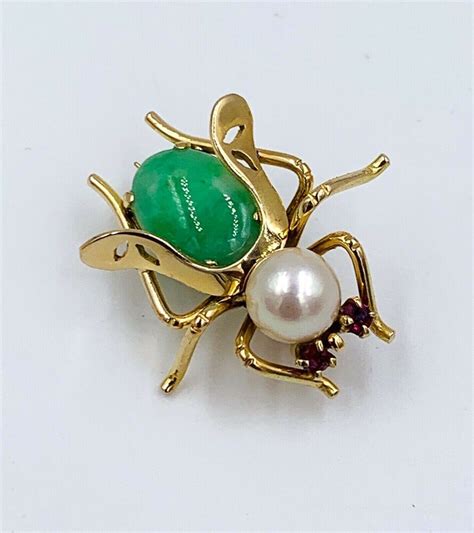 Estate 14k Gold Bee Pin Vintage Insect Bug Brooch Imperial Jade Ruby
