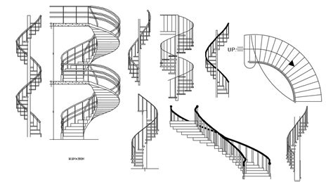 Spiral Shape Stairway Elevation Design Architecture Autocad Drawing