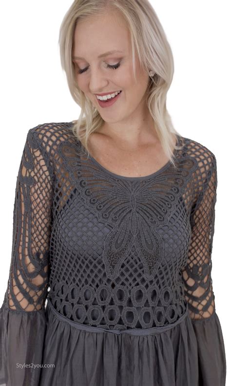 Courtney Bohemian Crochet Shirt Dress In Gray Monoreno Dress Monoreno