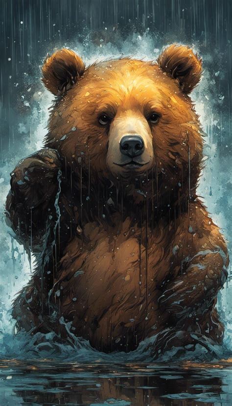 Adorable Obese Bear Cub Drenched Down Pouring Rain Big Glowing