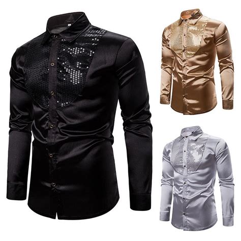 2021 Mens Silver Shirts Silk Satin Dress Tops Smooth Comfortable Tuxedo