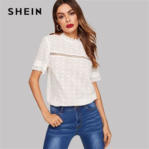 shein eyelet embroidered lace insert mock neck white blouse summer stand collar bohemian cotton