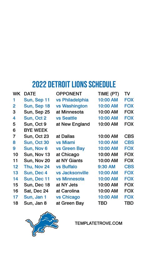 Detroit Lions Schedule Printable Web Future Detroit Lions Schedules